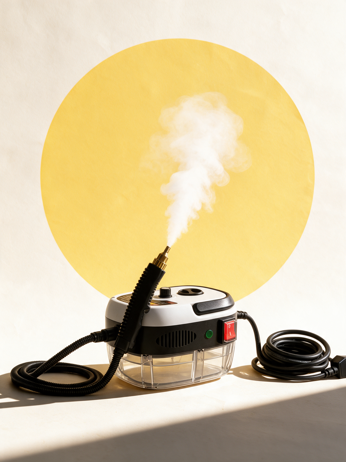 Nettoyeur vapeur Vapora Pro 2500 devant un soleil jaune, vapeur qui s'échappe du pistolet