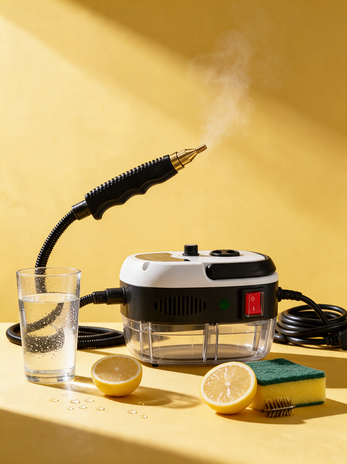 Vapora Pro 2500 avec ses seuls ingrédients : un verre d'eau, un citron, une éponge et une brosse